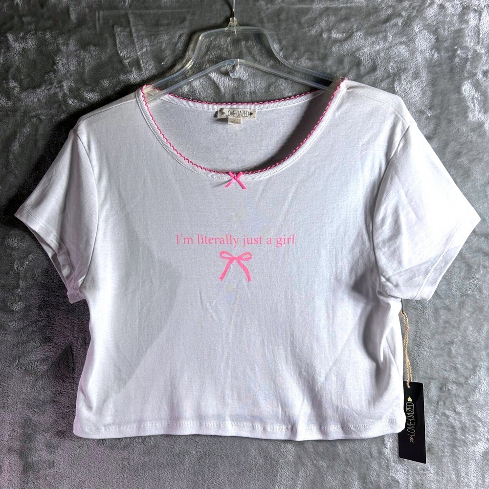 Love Dazed Im Literally Just A Girl Graphic Baby Tee White Pink Bow Crop L NWT